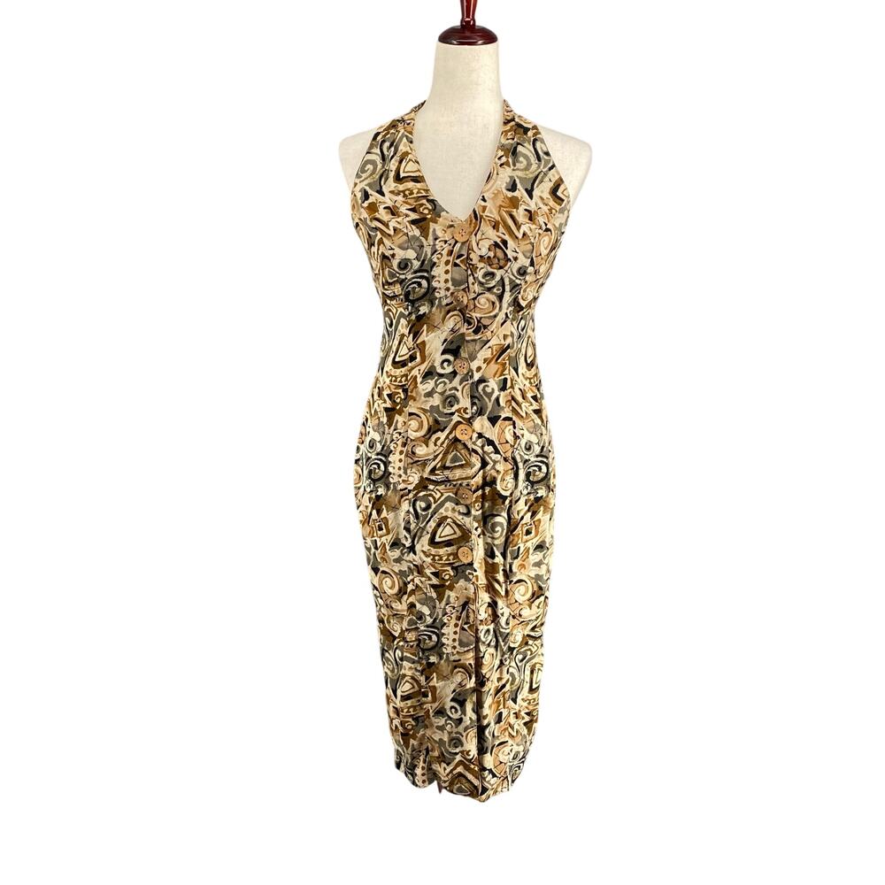 Vintage Knapp Studio California‎ Abstract V Neck Sleeveless Midi Dress M? Tan